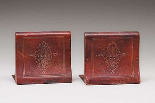 Arts & Crafts Hand-Tooled Leather Bookends c1910
