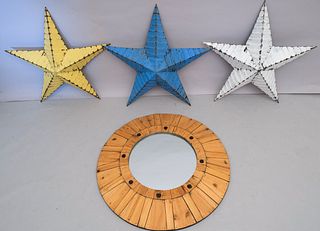 3 Metal Stars & Round Wooden Mirror