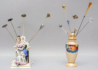 Group of Hat Pins & Two Porcelain Hat Pin Holders