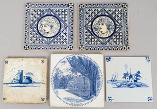 Group of 5 Blue & White Art Pottery Tiles