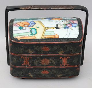 Chinese Lacquer Food Box with Porcelain Plaque