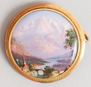 Antique Swiss Gold & Enamel Plaque Landscape Pin