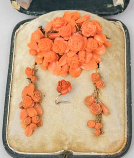 14K Gold & Carved Coral Earring & Brooch Set
