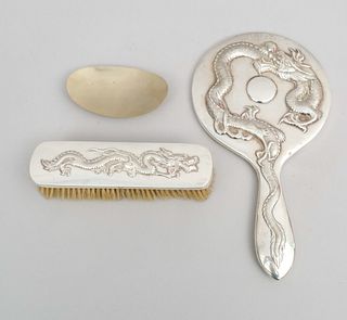 Chinese Export Silver Dragon Brush & Mirror