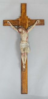 Antique Plaster Polychrome Jesus on Oak Cross