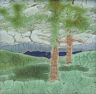 Grueby Faience Pine Trees Tile c1906