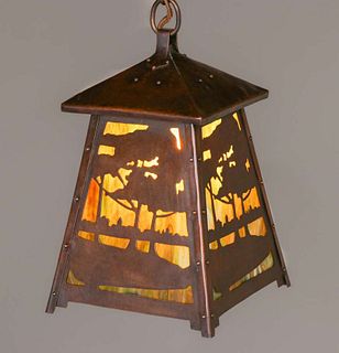 Grand Rapids Hammered Copper Cutout Hanging Lantern c1910