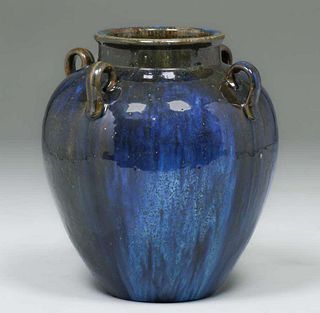 Large Fulper Pottery Chinese Blue Flambe Four-Handled Vase c1910s