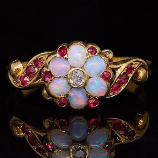 ANTIQUE RUBY, OPAL AND DIAMOND RING