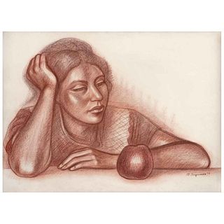 RAÚL ANGUIANO, Mujer con manzana, Firmada y fechada 76 al frente y al reverso, Sanguina sobre papel, 57 x 76.5 cm | RAÚL ANGUIANO, Mujer con manzana, 