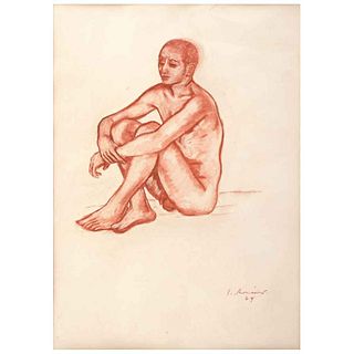 JUAN SORIANO, Desnudo de un hombre sentado, Firmada y fechada 69, Sanguina sobre papel, 63 x 45 cm, Con certificado | JUAN SORIANO, Desnudo de un homb