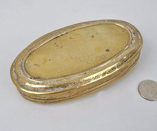 18th Century Engraved Oval Brass Tobacco Box