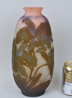 Large Galle Art Glass Vase, Orchids