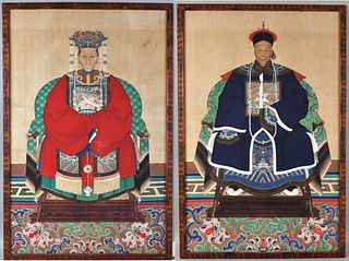 Pair Framed Chinese Ancestral Portraits on Silk