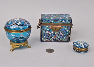 Three Enameled Blue Glass Boxes