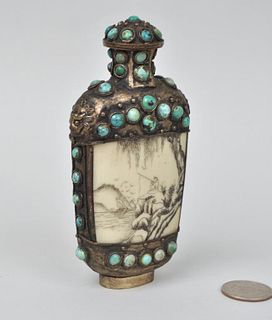 Bone, Metal & Turquoise Mounted Snuff Bottle