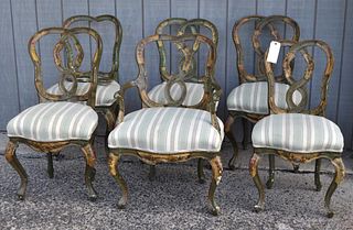Set Six Carved/Painted Venetian Dining Chairs