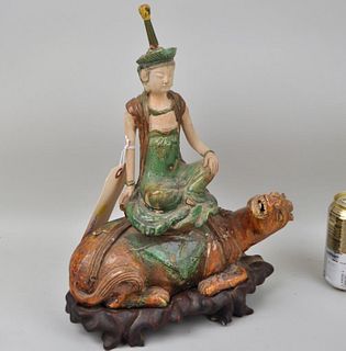 Tang Dynasty Pottery Seated Deity Astride Dragon