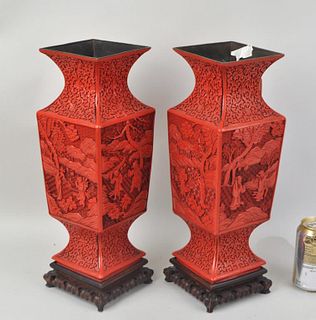 Pair Cinnabar Square Vases/Wooden Stands