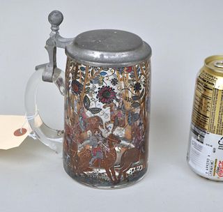 Bohemian Painted Glass Stein, Pewter Lid
