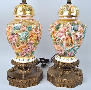 Pair Capo Di Monte Lidded Urns, As Lamps