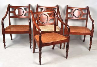Set Four Regency Style Carved Cane Seat Armchairs