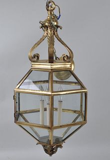 Antique Brass & Glass Three Light Hall Lantern