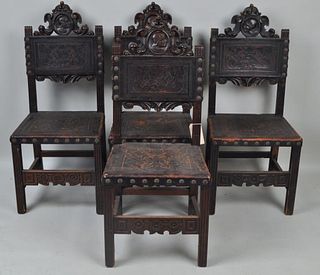 Set Four Renaissance Revival Carved Side Chairs
