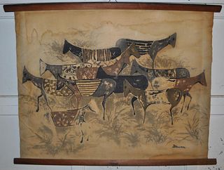 20th C. Scroll Painting - Wild Horses