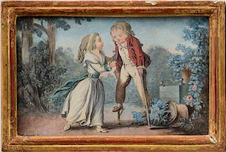 FRENCH SCHOOL: GARDEN VIEW WITH BOY ON STILTS AND GIRL