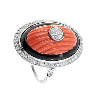 Art Deco Platinum Coral Enamel Diamond Ring