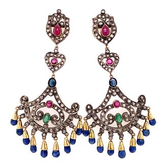 Victorian Indian Silver & Gold Em/Saphh/Dia/Ruby Chandelier Earrings