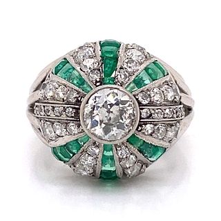 Platinum Art Deco Emerald Diamond Dome Ring 
