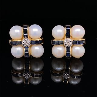 18k Sapphire Diamond Pearl Earrings