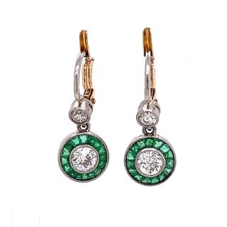Platinum Diamond Emerald Halo Earrings 