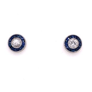 Platinum Diamond Sapphire Halo Stud Earrings 