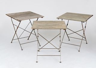 GROUP OF THREE PICKLED WOOD AND METAL FOLDING GARDEN TABLES