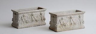 GROUP OF FIVE TERRACOTTA AND CAST STONE GARDEN PLANTERS