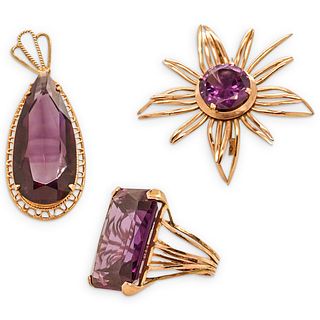 (3 Pc) 14k Gold and Amethyst Jewelry Suite