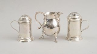 ENGLISH SILVER CREAMER AND TWO KITCHEN PEPPERS, LONDON, 1713, 1722, 1730