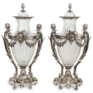 (2 Pc) Antique Baccarat Style Silver Plated Urns