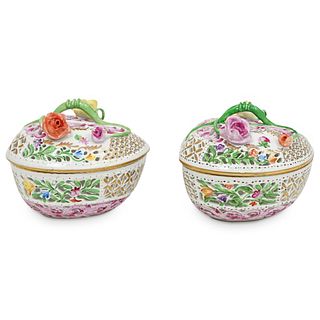 (2 Pc) Herend Porcelain Heart Shaped Lidded Boxes