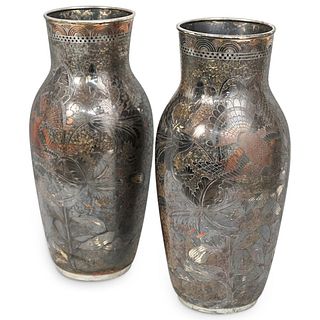 Pair of Oriental Silvered Copper Vases