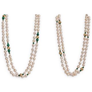 (2 Pc) 14k Gold, Pearl and Malachite Beaded Necklace