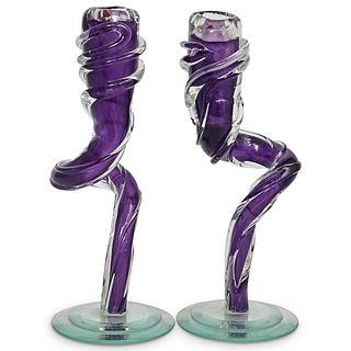 Clear & Purple Crystal Glass Candlesticks