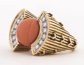 Art Deco Revival 18K Gold Coral & Diamond Ring