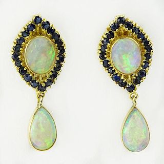 Vintage Pair of Lady's White Opal, Sapphire and 18 Karat Earrings