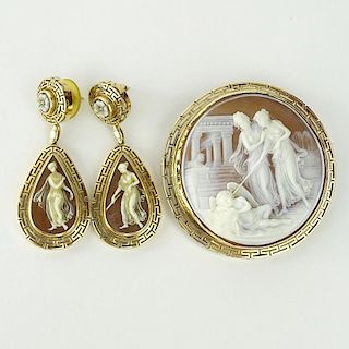 Italian Victorian Era 14 Karat Yellow Gold Mounted Carved Shell Cameo Pendant/ Brooch and Earring Suite.