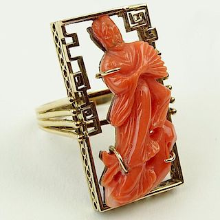 Lady's Vintage Asian style Carved Red Coral and 14 Karat Yellow Gold Ring