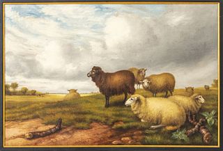 "Flock of Sheep" Oil on Canvas, Monogrammed